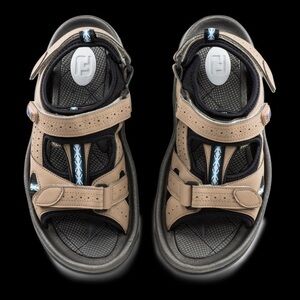 FOOTJOY Mens Golf Sandals Dark Taupe/Black with blue accents size: 9
